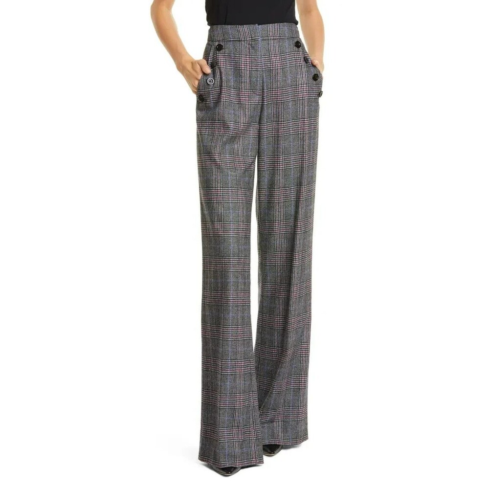 Veronica Beard Plaid Glen Check Pants High Rise Button Detail Tailored Trousers